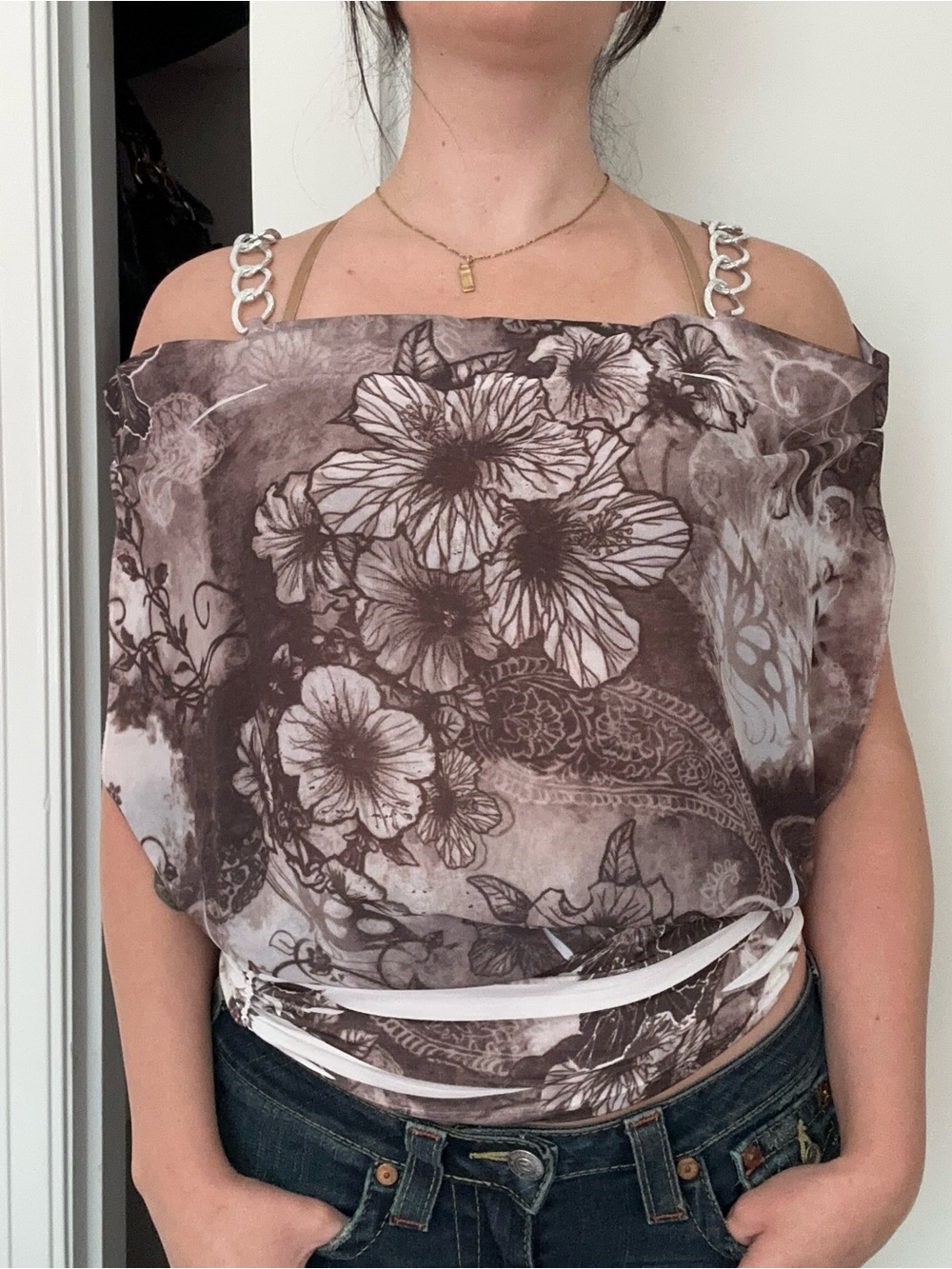 y2k Seductions Off-Shoulder Floral Print Camisole in Brown and Cream